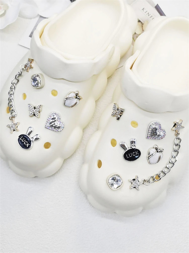 12PCS Shoe Charms ABS Accessories Decorations DIY Clog Ornament Glitter Rhinestone Buckle Star Chain Pins For Women Garden Shoes