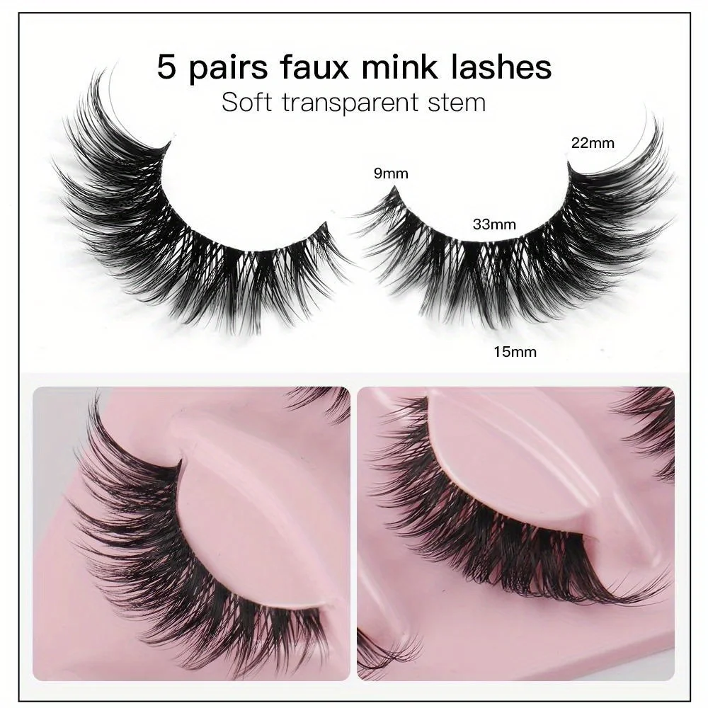 5 Pairs of Dramatic Cat Eye Fake Eyelashes - Natural, Long, Winged, and Elongated for a Flawless Makeup Look.