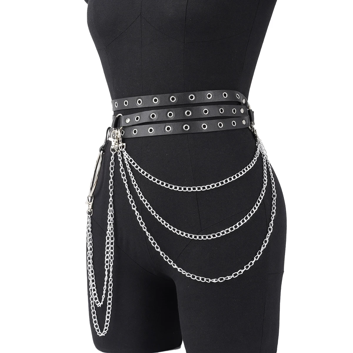 Punk Gothic Adjustable Multi‑layer PU Leather Waist‑leg Harness Belt with Chain Decor for Women, Street‑style Body Chain Accesso
