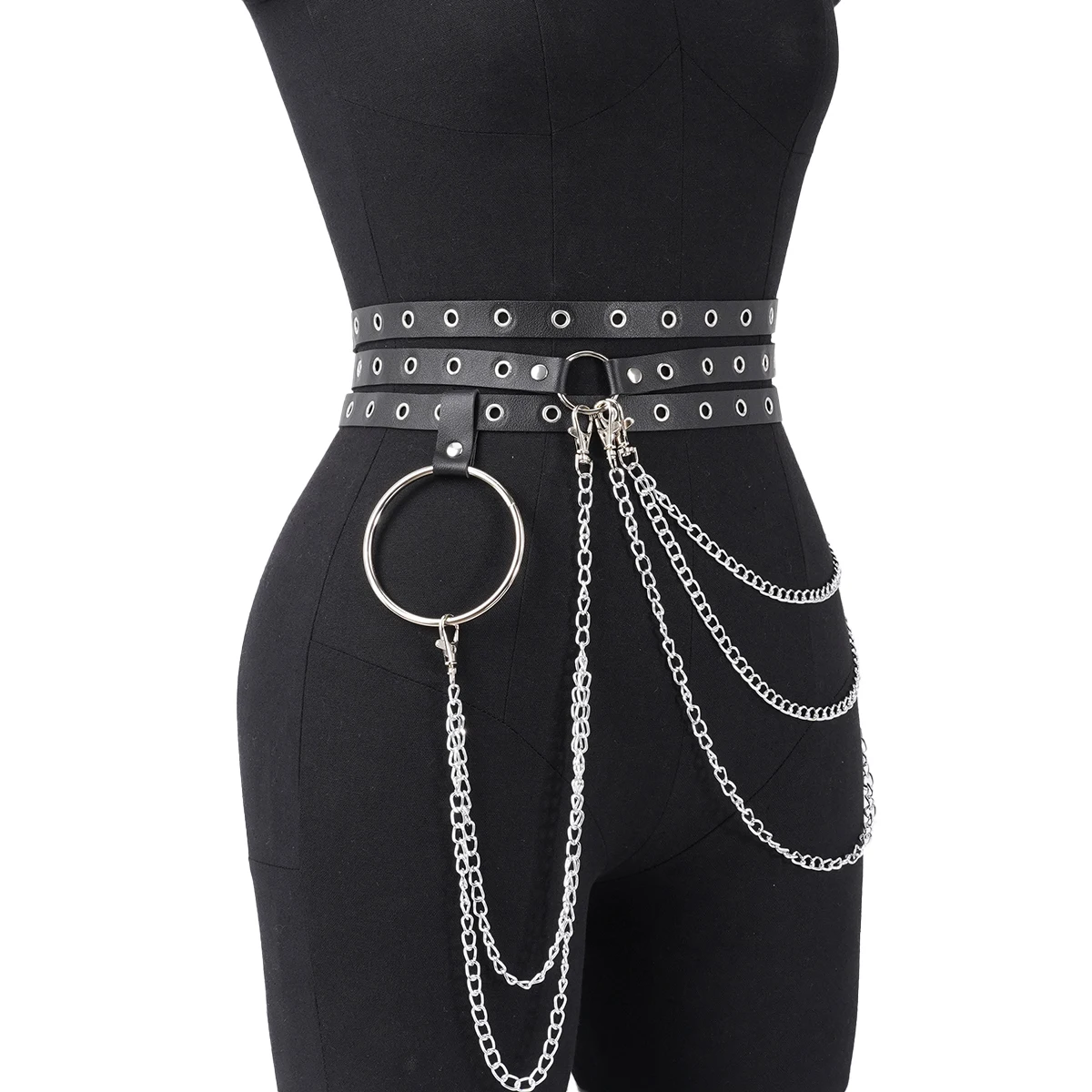 Punk Gothic Adjustable Multi‑layer PU Leather Waist‑leg Harness Belt with Chain Decor for Women, Street‑style Body Chain Accesso