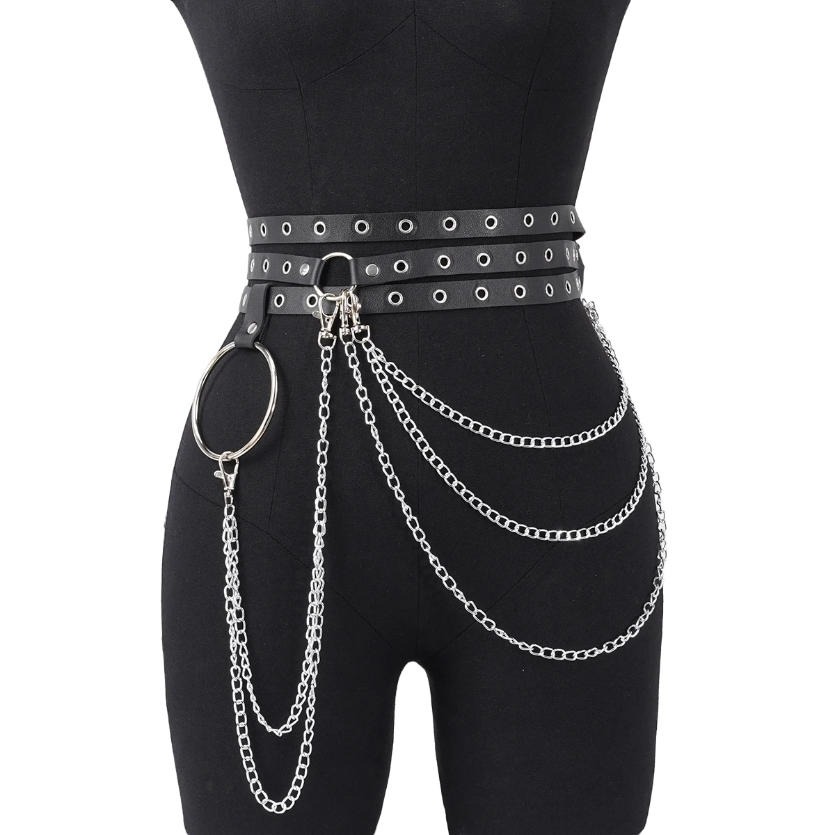 Punk Gothic Adjustable Multi‑layer PU Leather Waist‑leg Harness Belt with Chain Decor for Women, Street‑style Body Chain Accesso