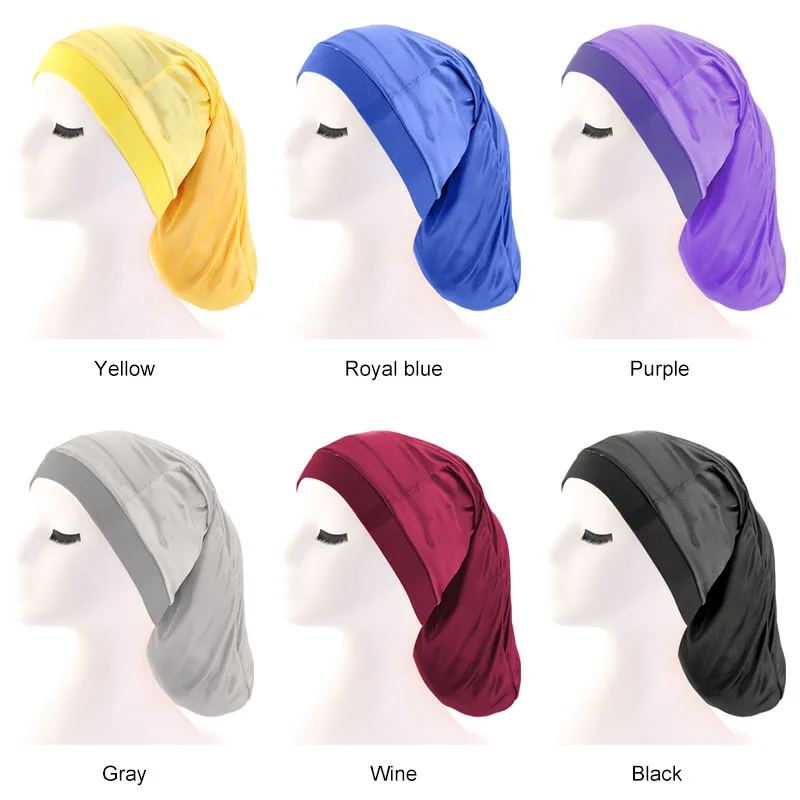 New Unisex Open wide elastic band Satin Pocket Bonnet silky dreadlock braids baggy cap Men Women Long Cylinder Sleeping Cap