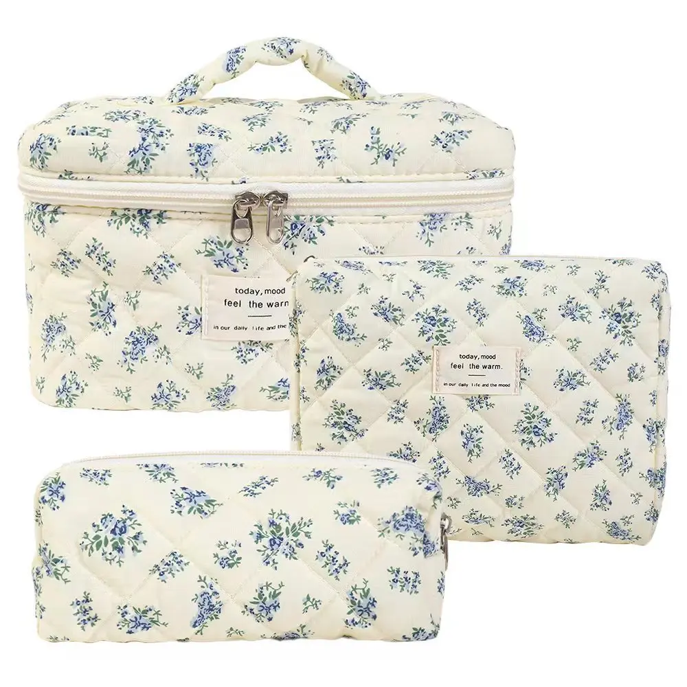 3Pcs Cotton Quilted Makeup Bag Set Women Zipper Cosmetic Organizer Female Cloth Handbag Portable Toiletry Case for Girls