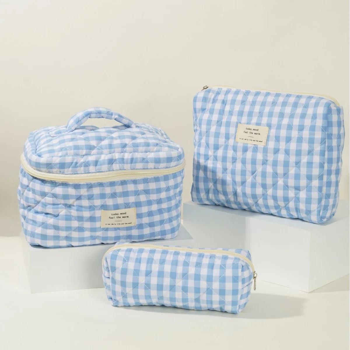 3Pcs Cotton Quilted Makeup Bag Set Women Zipper Cosmetic Organizer Female Cloth Handbag Portable Toiletry Case for Girls