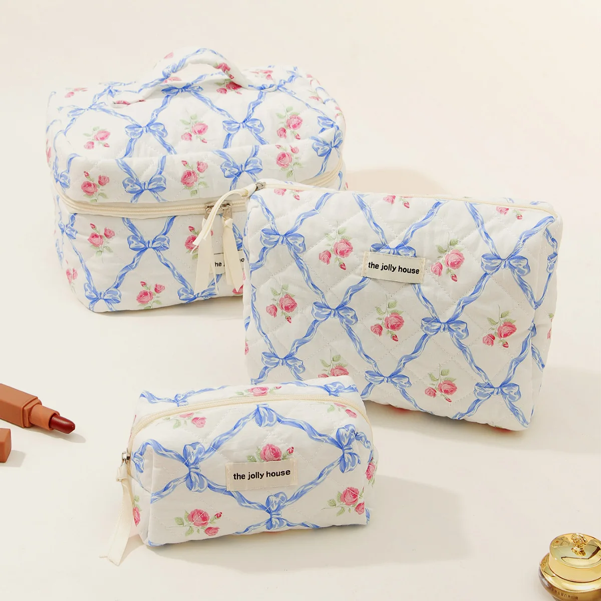 3Pcs Cotton Quilted Makeup Bag Set Women Zipper Cosmetic Organizer Female Cloth Handbag Portable Toiletry Case for Girls