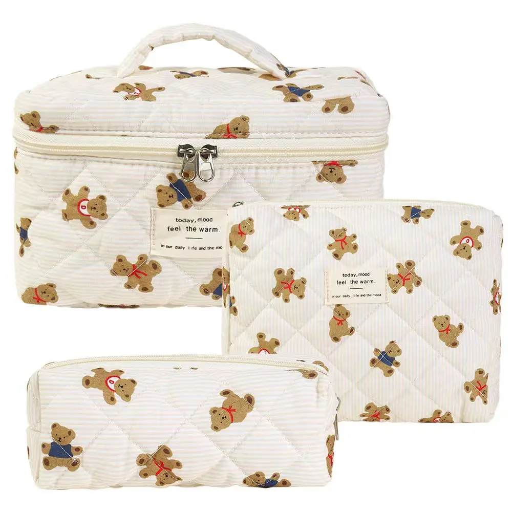 3Pcs Cotton Quilted Makeup Bag Set Women Zipper Cosmetic Organizer Female Cloth Handbag Portable Toiletry Case for Girls