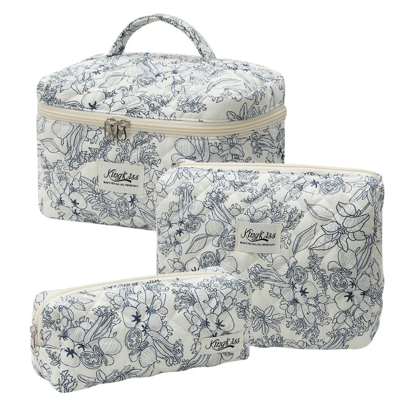 3Pcs Cotton Quilted Makeup Bag Set Women Zipper Cosmetic Organizer Female Cloth Handbag Portable Toiletry Case for Girls