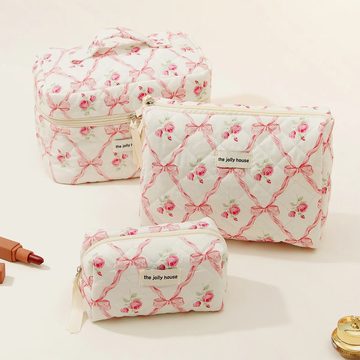 3Pcs Cotton Quilted Makeup Bag Set Women Zipper Cosmetic Organizer Female Cloth Handbag Portable Toiletry Case for Girls