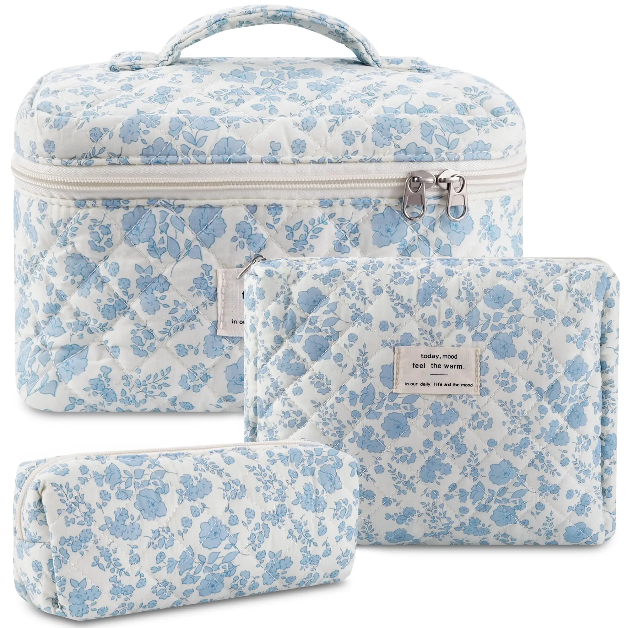 3Pcs Cotton Quilted Makeup Bag Set Women Zipper Cosmetic Organizer Female Cloth Handbag Portable Toiletry Case for Girls