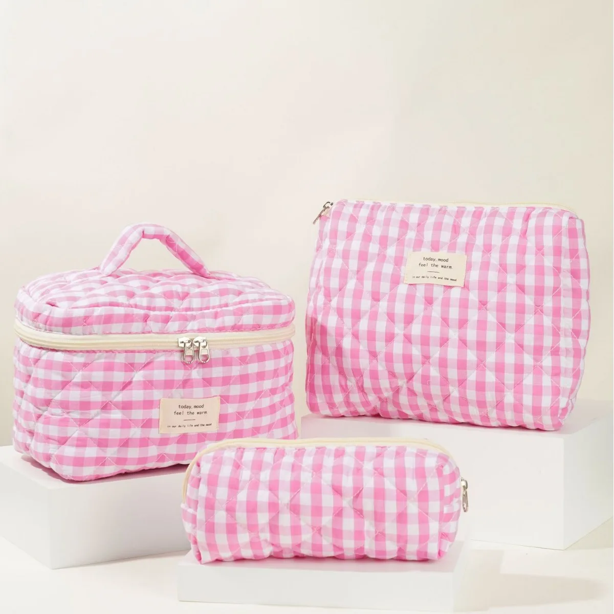 3Pcs Cotton Quilted Makeup Bag Set Women Zipper Cosmetic Organizer Female Cloth Handbag Portable Toiletry Case for Girls