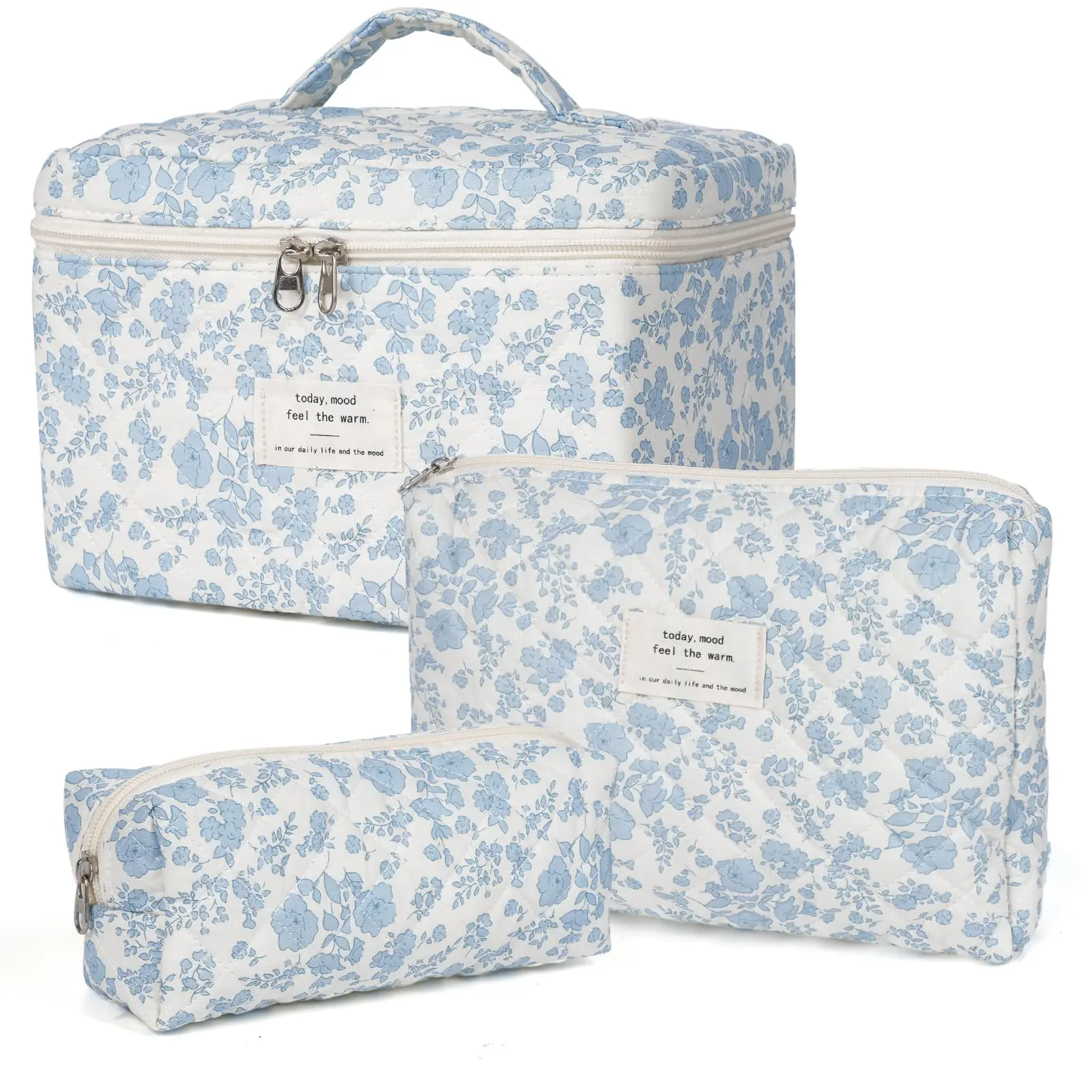 3Pcs Cotton Quilted Makeup Bag Set Women Zipper Cosmetic Organizer Female Cloth Handbag Portable Toiletry Case for Girls