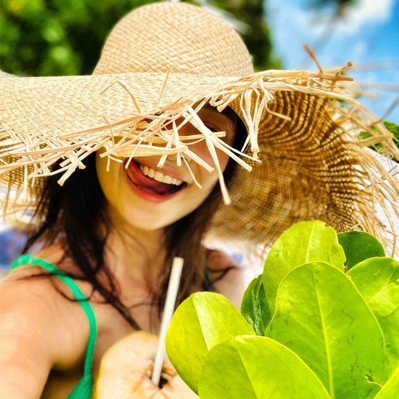 New Natural Lafite Men's Women's Sun Hats Wide-brimmed Floppy Folding UV Straw Hat Holiday Wedding Fashion Sunscreen Beach Hat