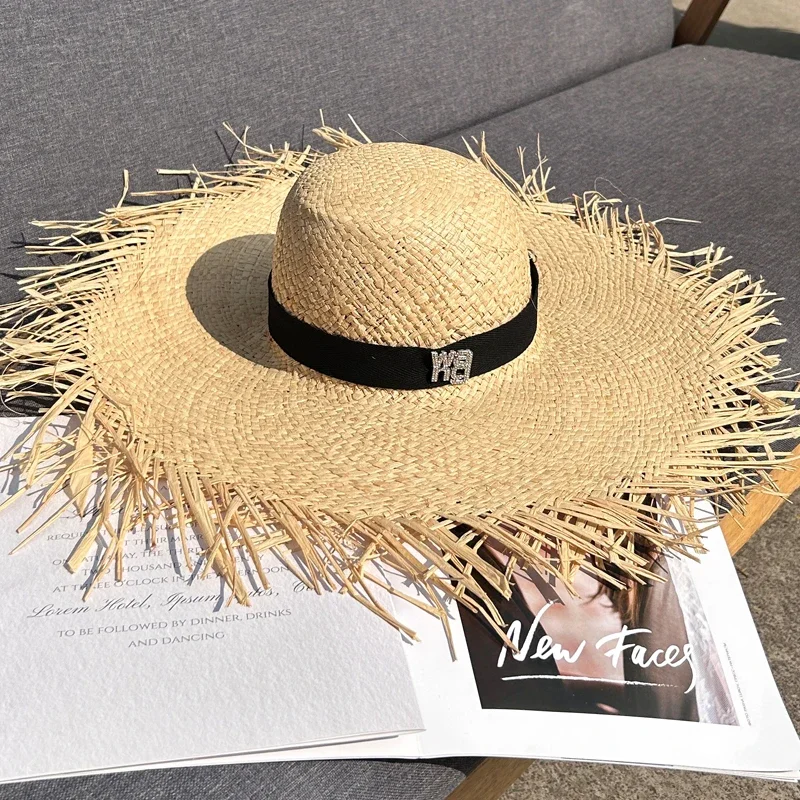 New Natural Lafite Men's Women's Sun Hats Wide-brimmed Floppy Folding UV Straw Hat Holiday Wedding Fashion Sunscreen Beach Hat