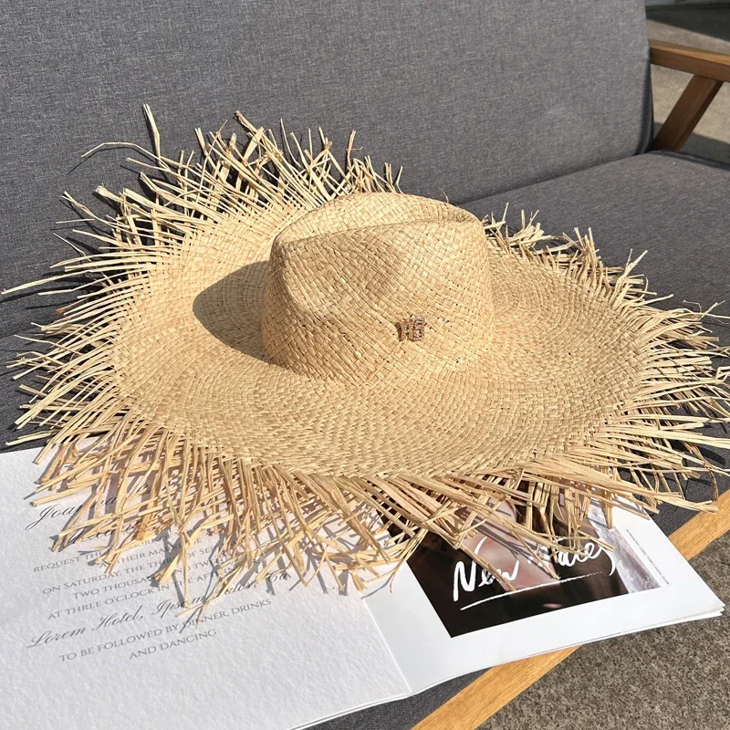New Natural Lafite Men's Women's Sun Hats Wide-brimmed Floppy Folding UV Straw Hat Holiday Wedding Fashion Sunscreen Beach Hat