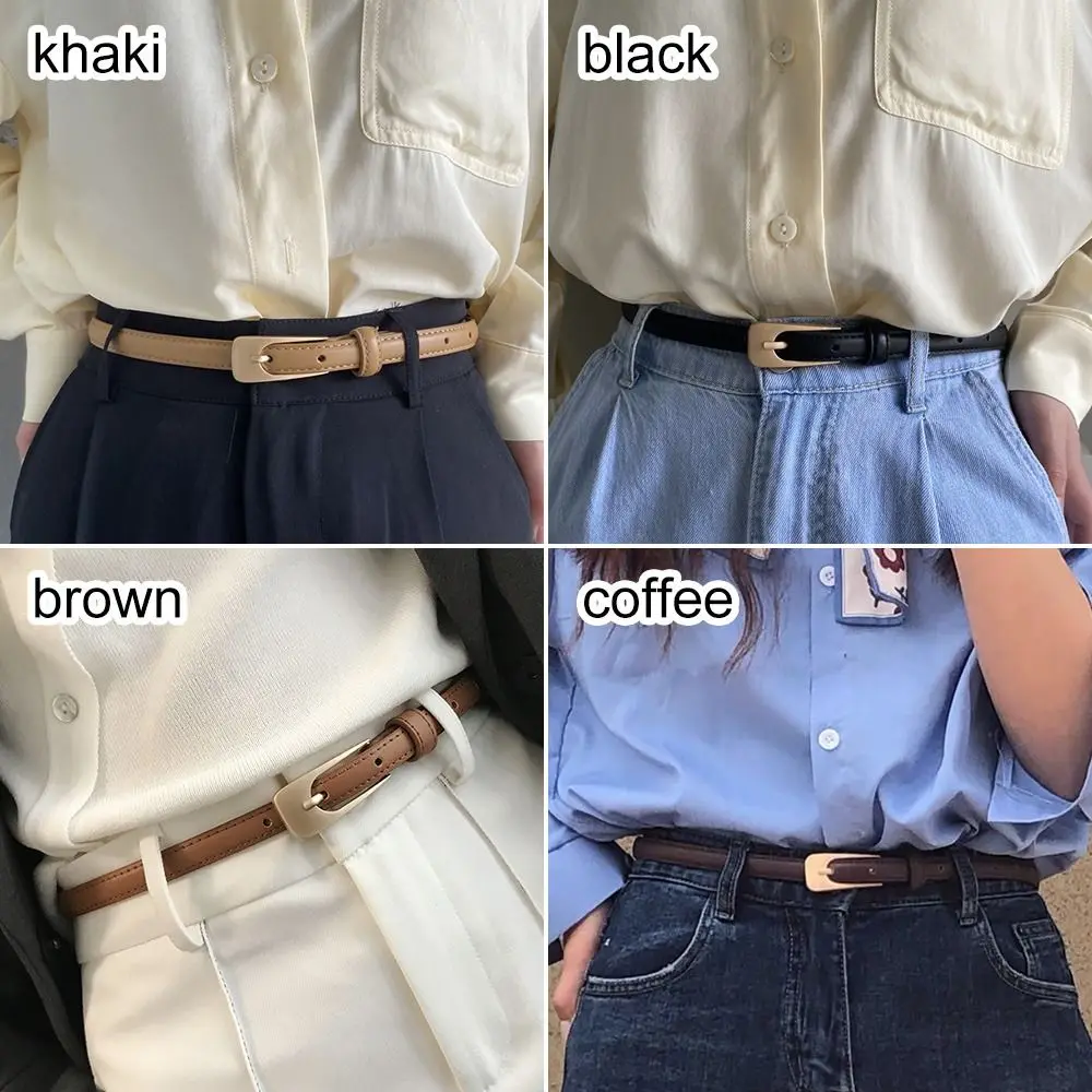 Women Casual Vintage Metal Buckle Waistband Thin Waist Strap Trouser Dress Belts Leather Belt