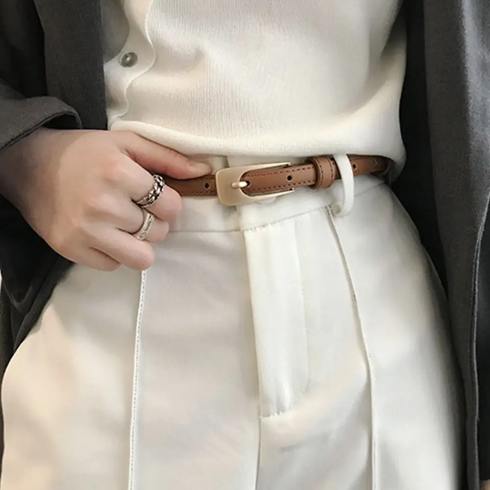 Women Casual Vintage Metal Buckle Waistband Thin Waist Strap Trouser Dress Belts Leather Belt