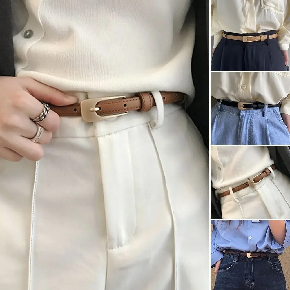 Women Casual Vintage Metal Buckle Waistband Thin Waist Strap Trouser Dress Belts Leather Belt