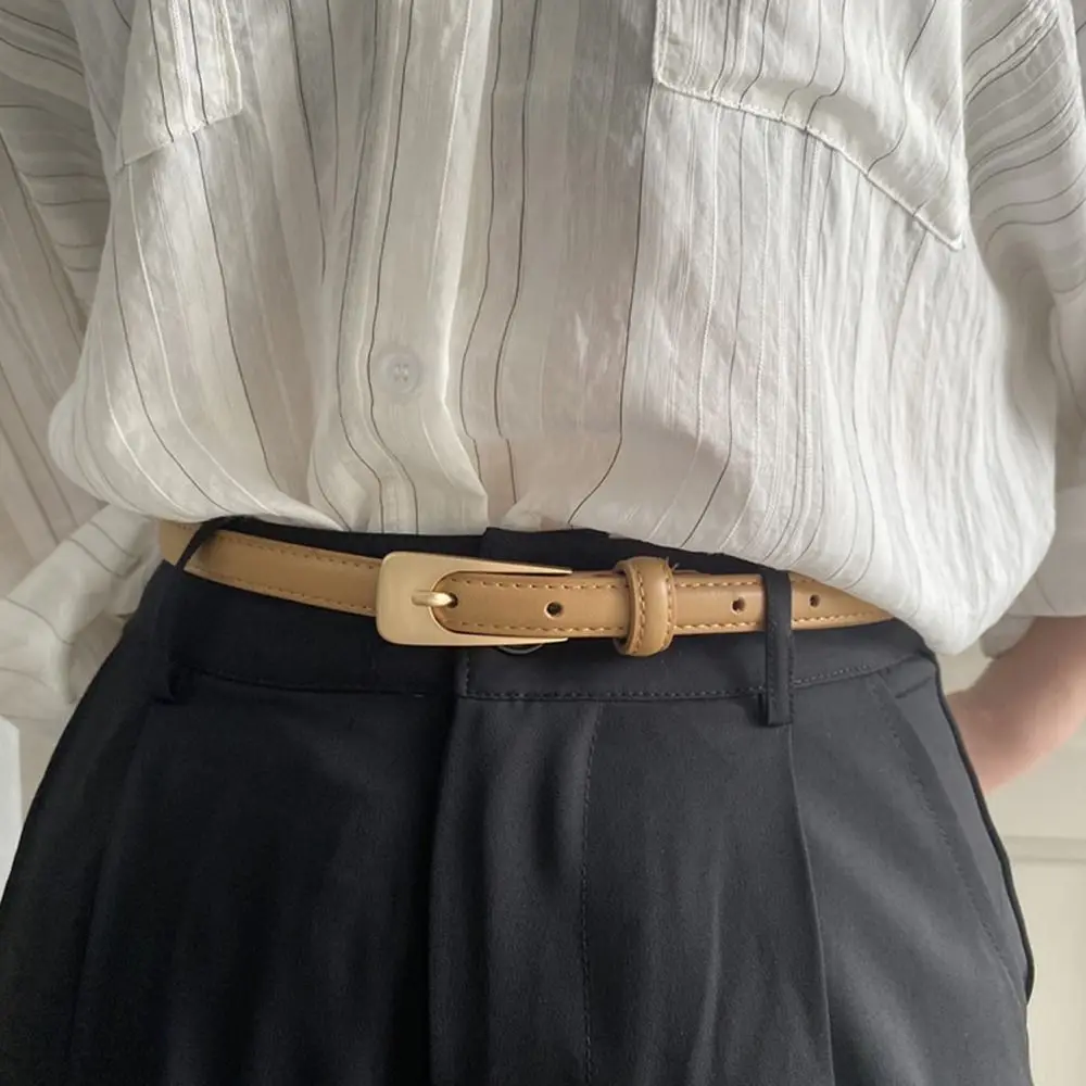 Women Casual Vintage Metal Buckle Waistband Thin Waist Strap Trouser Dress Belts Leather Belt