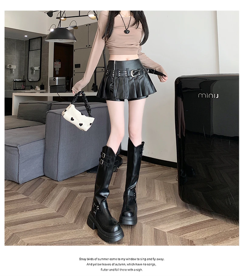 Women's Black Gothic A-line Pleated Leather Skirt Y2k Mini Shorts Skirts Harajuku Korean Emo Skirt 2000s Vintage Clothes Summer