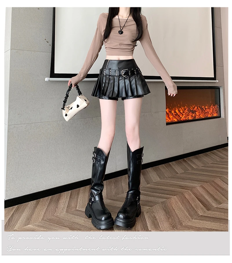 Women's Black Gothic A-line Pleated Leather Skirt Y2k Mini Shorts Skirts Harajuku Korean Emo Skirt 2000s Vintage Clothes Summer