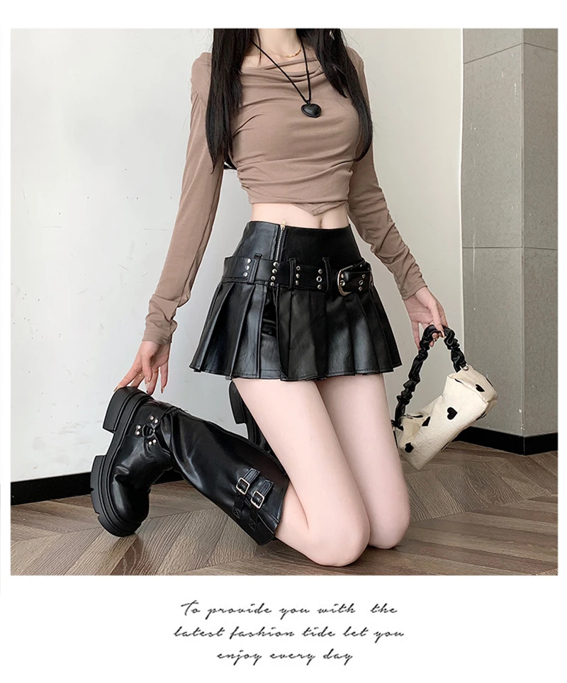 Women's Black Gothic A-line Pleated Leather Skirt Y2k Mini Shorts Skirts Harajuku Korean Emo Skirt 2000s Vintage Clothes Summer