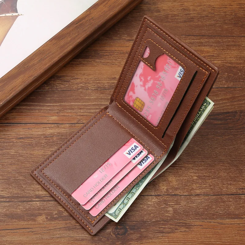 Lychee Texture Leather Card Clip Short Men'S Coin Purse Wallet Business-Style Cash Money Purse Multi Patchwork Card Slot Holder