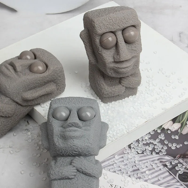 Stone Man Releases Stress Toy Slowly Rebounds Soft Moai Statue Squeeze Eyes Interested Expression Relaxes Stress Children's Gift