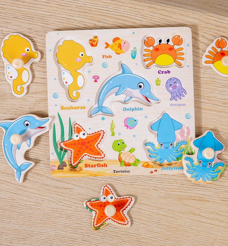 Wooden Puzzle Montessori Toys for Kids Cartoon Animal Traffic Hand Grab Boards Early Learning Educational Toys for Children