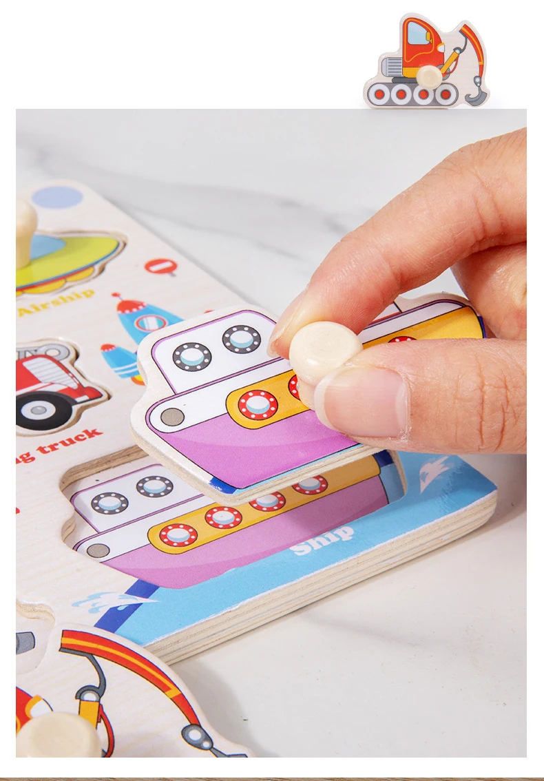 Wooden Puzzle Montessori Toys for Kids Cartoon Animal Traffic Hand Grab Boards Early Learning Educational Toys for Children
