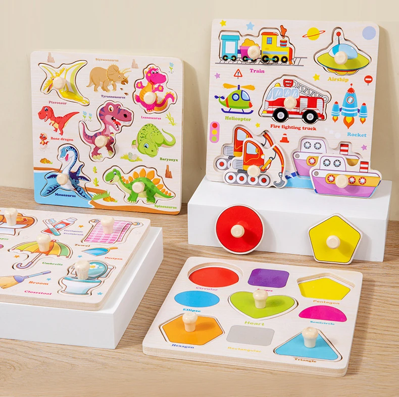 Wooden Puzzle Montessori Toys for Kids Cartoon Animal Traffic Hand Grab Boards Early Learning Educational Toys for Children