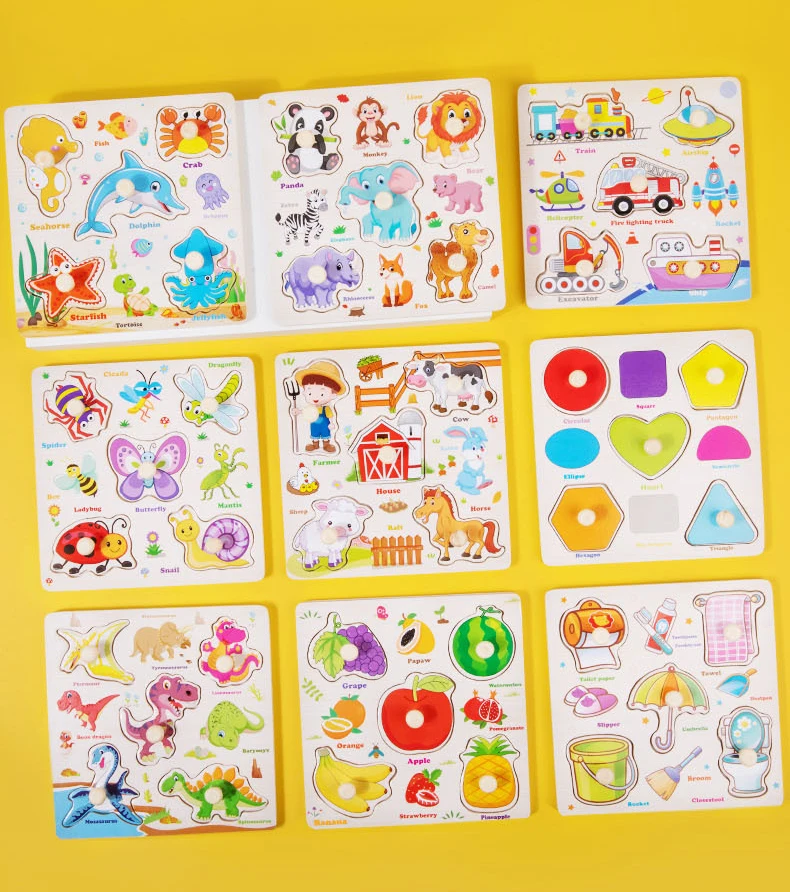 Wooden Puzzle Montessori Toys for Kids Cartoon Animal Traffic Hand Grab Boards Early Learning Educational Toys for Children