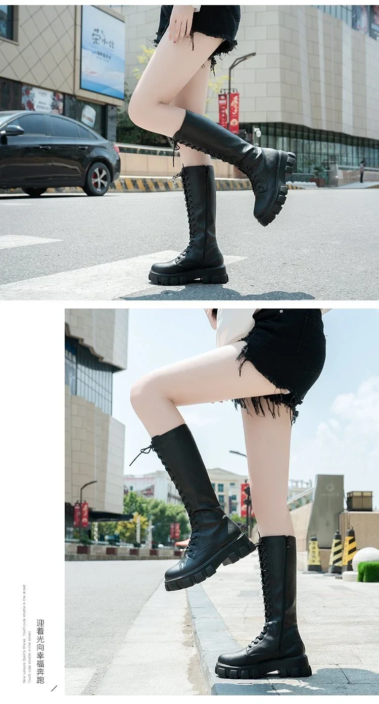 Women's Mid Calf Boots Padded Shoes Knee High Winter Sneakers Punk Style Military Casual White Black 2024 Lucury Platform Woman
