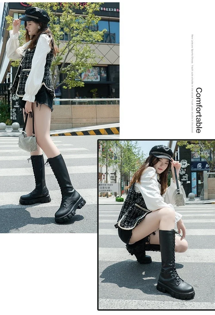 Women's Mid Calf Boots Padded Shoes Knee High Winter Sneakers Punk Style Military Casual White Black 2024 Lucury Platform Woman