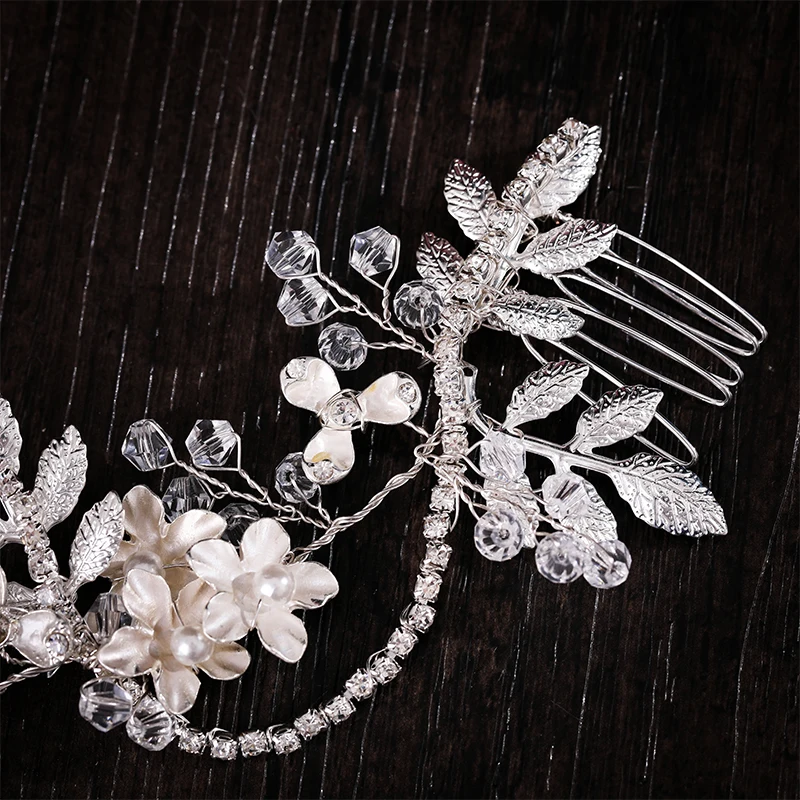 Wedding jewelry flower hair jewelry Rhinestone handmade pearl crystal leaf Hair Band Bridal headdress luxury female gift jewelry