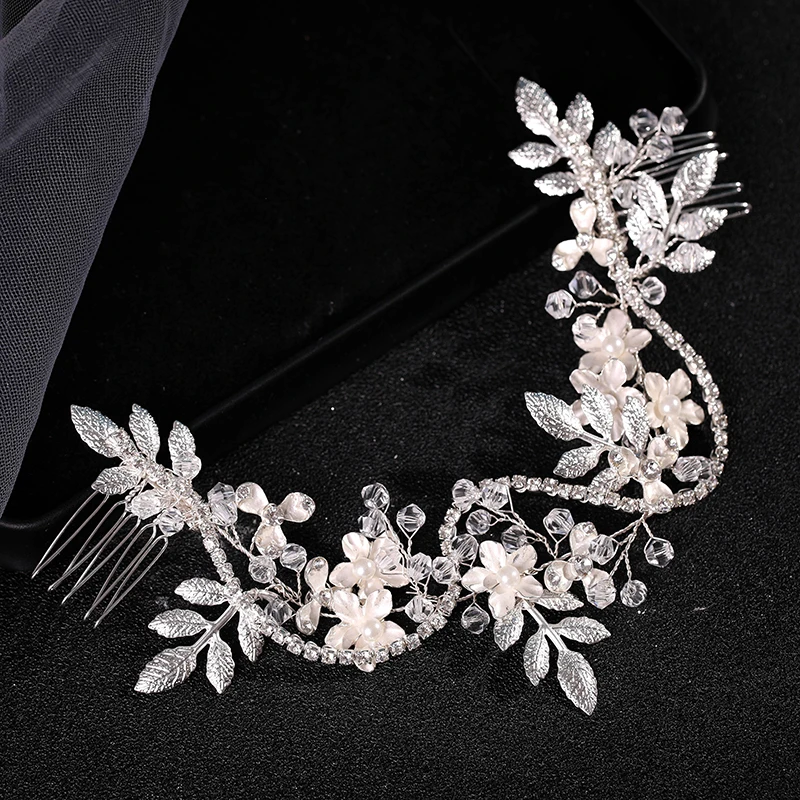 Wedding jewelry flower hair jewelry Rhinestone handmade pearl crystal leaf Hair Band Bridal headdress luxury female gift jewelry