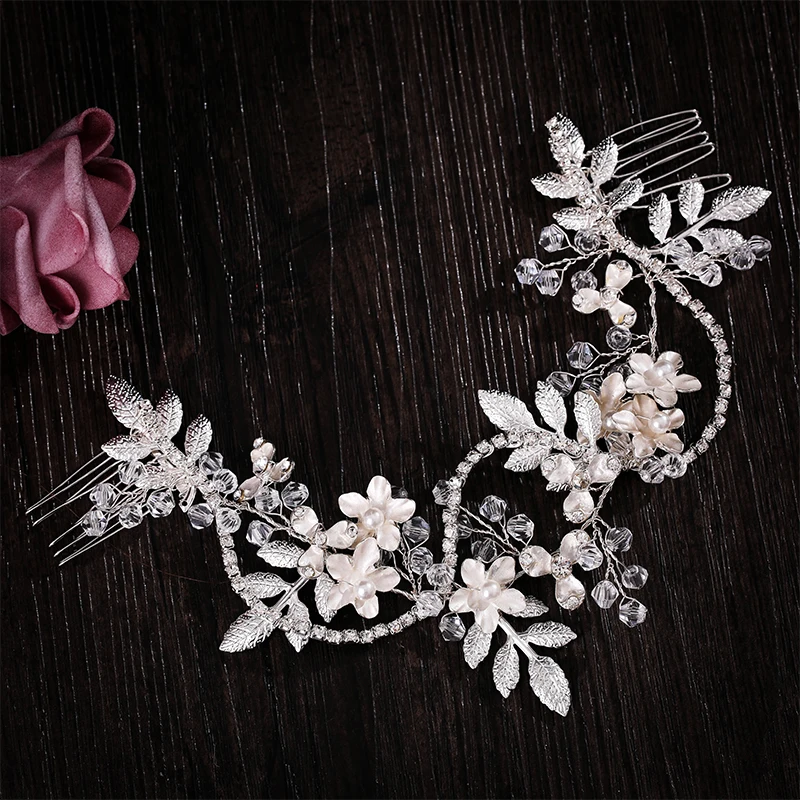 Wedding jewelry flower hair jewelry Rhinestone handmade pearl crystal leaf Hair Band Bridal headdress luxury female gift jewelry