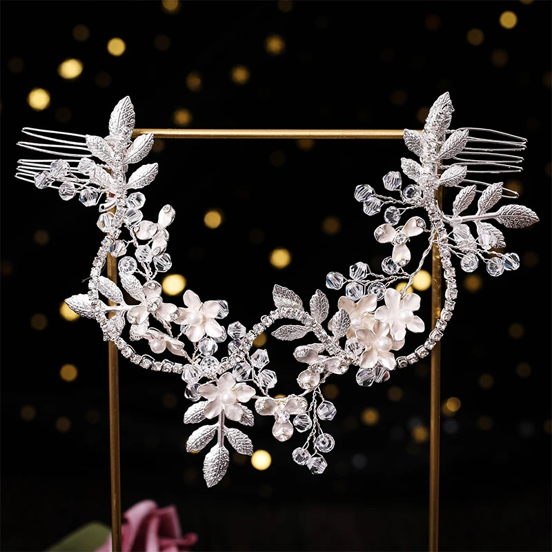 Wedding jewelry flower hair jewelry Rhinestone handmade pearl crystal leaf Hair Band Bridal headdress luxury female gift jewelry