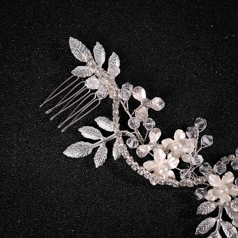Wedding jewelry flower hair jewelry Rhinestone handmade pearl crystal leaf Hair Band Bridal headdress luxury female gift jewelry