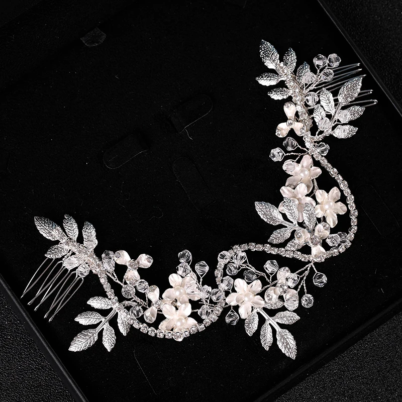 Wedding jewelry flower hair jewelry Rhinestone handmade pearl crystal leaf Hair Band Bridal headdress luxury female gift jewelry
