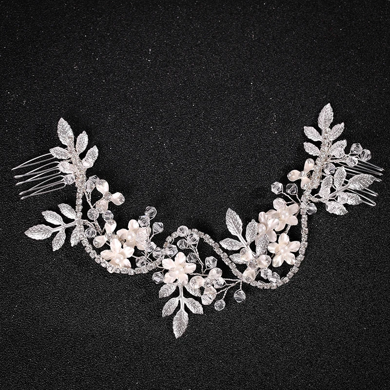 Wedding jewelry flower hair jewelry Rhinestone handmade pearl crystal leaf Hair Band Bridal headdress luxury female gift jewelry