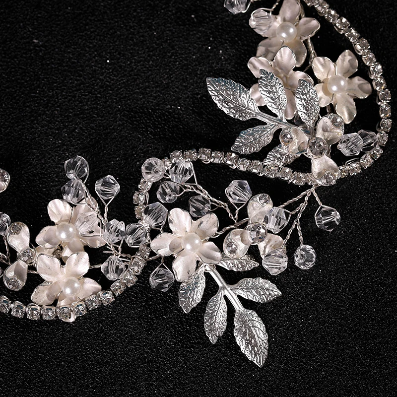 Wedding jewelry flower hair jewelry Rhinestone handmade pearl crystal leaf Hair Band Bridal headdress luxury female gift jewelry
