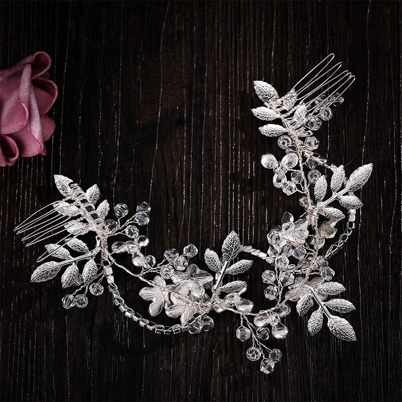Wedding jewelry flower hair jewelry Rhinestone handmade pearl crystal leaf Hair Band Bridal headdress luxury female gift jewelry