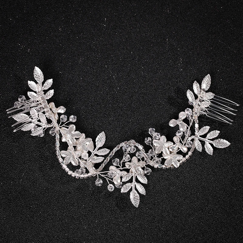 Wedding jewelry flower hair jewelry Rhinestone handmade pearl crystal leaf Hair Band Bridal headdress luxury female gift jewelry