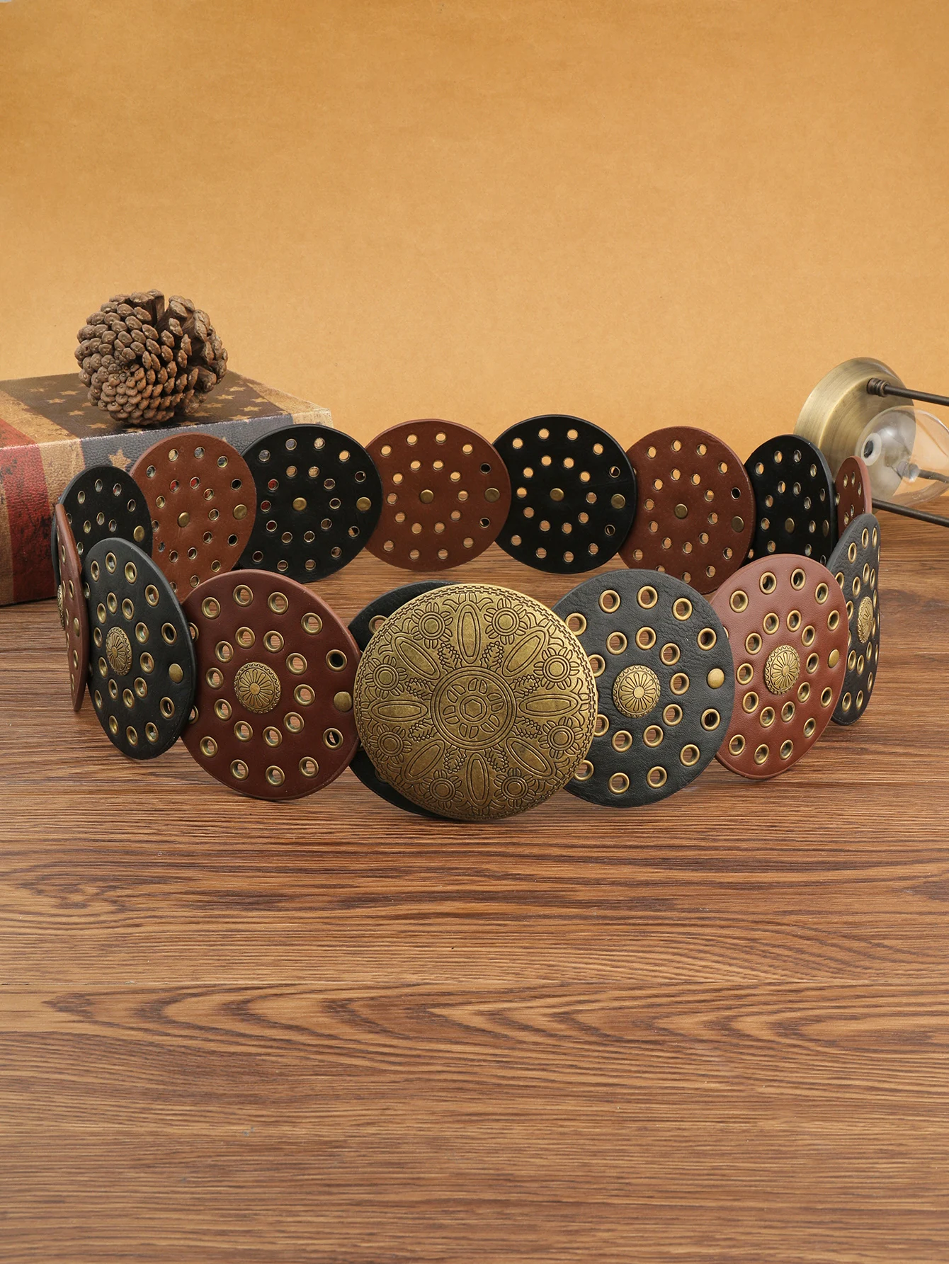 Vintage western Denim belt fashion handmade leather waist chain for women g big rivet hole PU leather belt western eyelet round