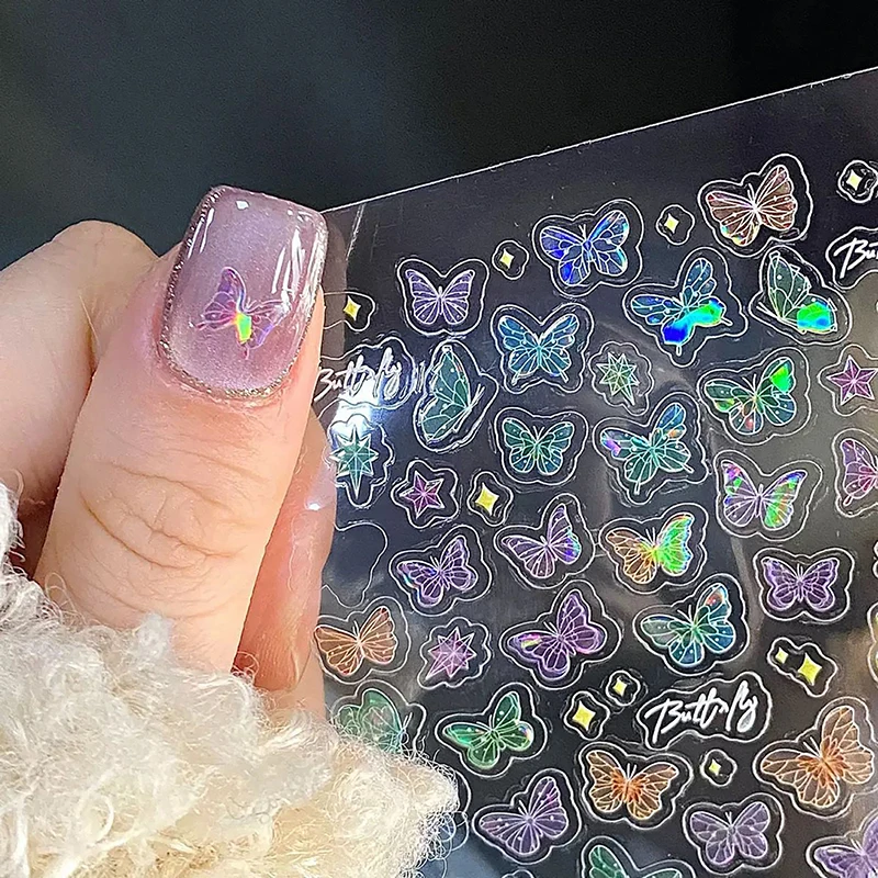 1/5sheets Fashion Butterfly Wing Streamer Laser Stickers Advanced Embossed Nail Art Stickers Colorful Butterfly Fairy Stickers