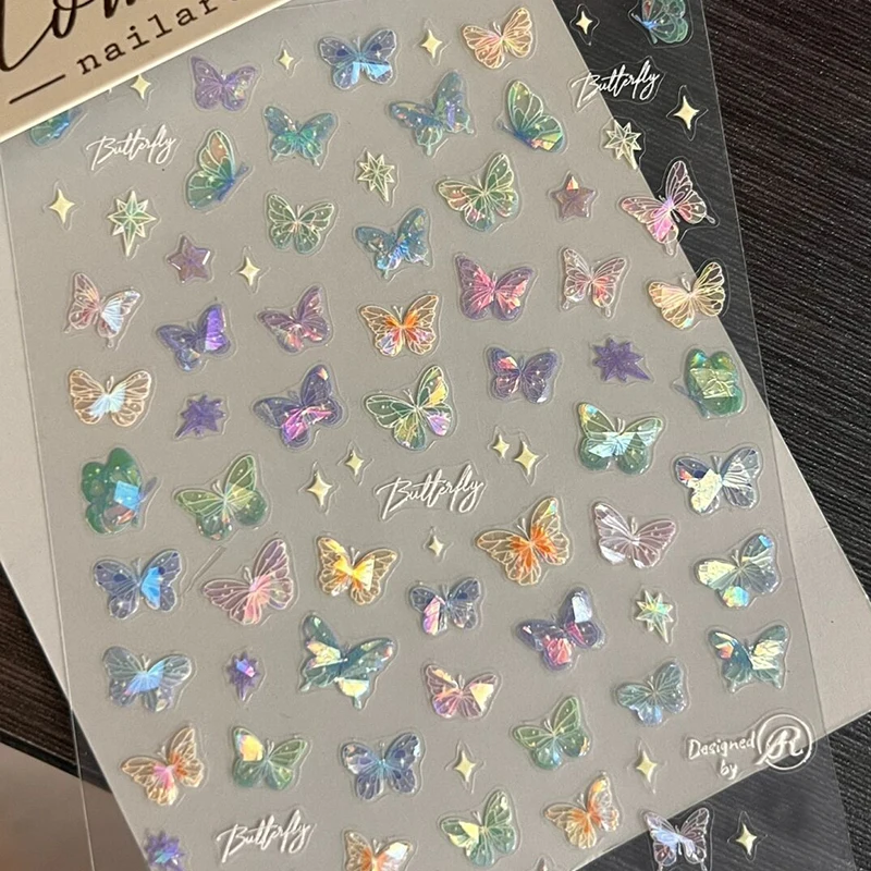 1/5sheets Fashion Butterfly Wing Streamer Laser Stickers Advanced Embossed Nail Art Stickers Colorful Butterfly Fairy Stickers
