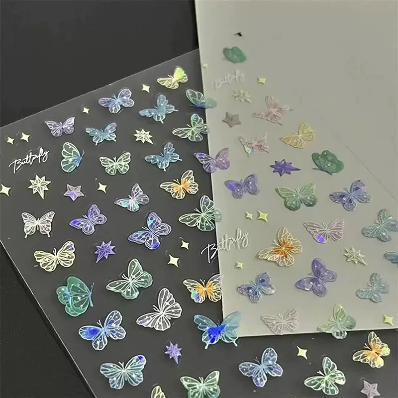 1/5sheets Fashion Butterfly Wing Streamer Laser Stickers Advanced Embossed Nail Art Stickers Colorful Butterfly Fairy Stickers