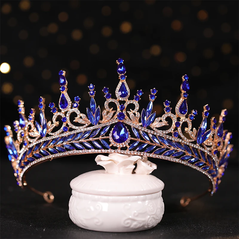 Bridal Crown Hair ornament blue Rhine Stone Crown Luxury Banquet Dress Crown Wedding Gold Hair Ornament Bridal Headdress