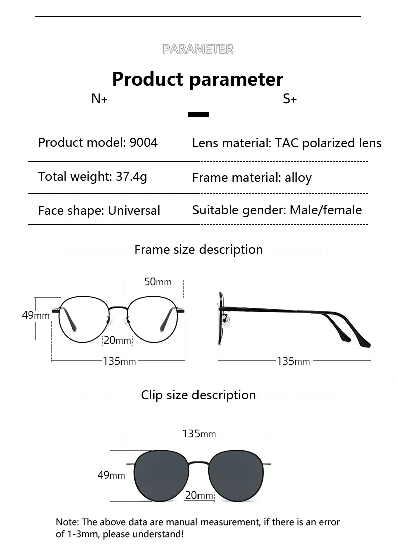 Roud Frame Polarized Sunglasses Magnetic With 2 Clips On Glasses Metal Frame Legs Optical Eyeglass Magnet Eyeglasses 3 IN 1