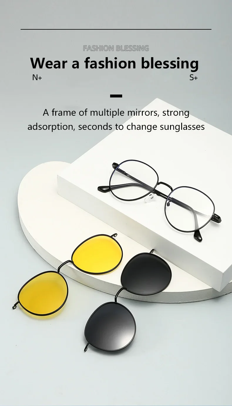 Roud Frame Polarized Sunglasses Magnetic With 2 Clips On Glasses Metal Frame Legs Optical Eyeglass Magnet Eyeglasses 3 IN 1